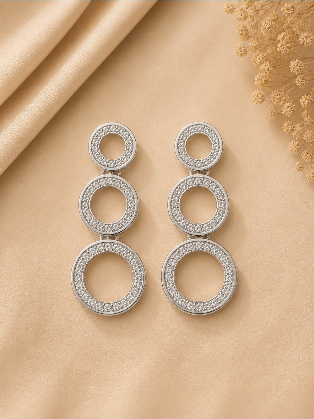 Silver Crystal Triple Circle Drop Earrings